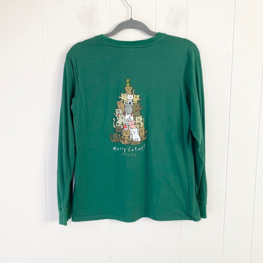 Ivory Ella Green Merry Catmas Long Sleeve Pocket Tee Christmas Shirt Medium